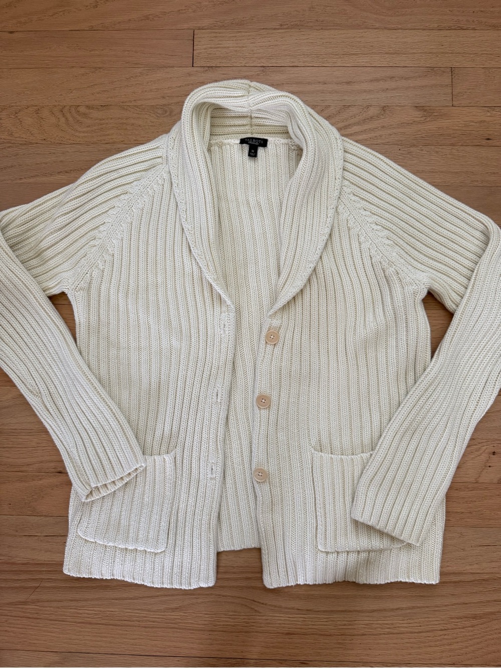 Talbots Medium Cream Chunky Ribbed Knit Button Up Cardigan Sweater